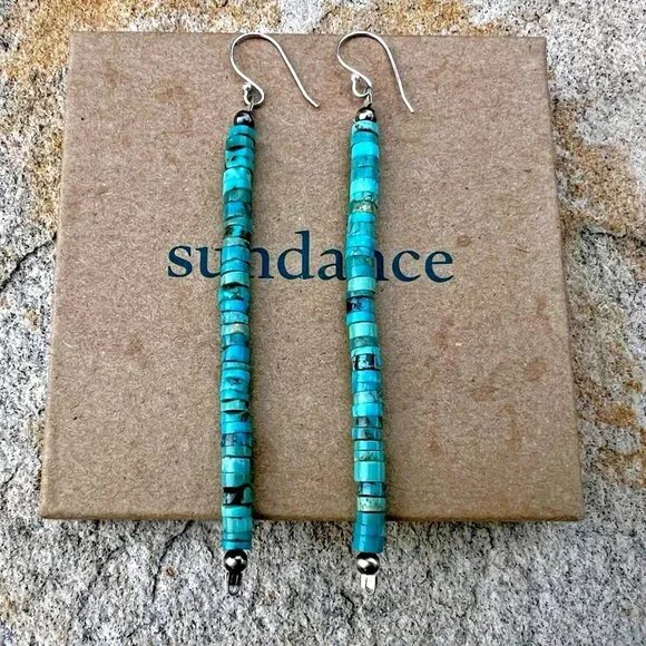 Sundance $148 NEW 4" Turquoise Heishi Sterling Silver Handmade Beaded Earrings - Picture 4 of 12
